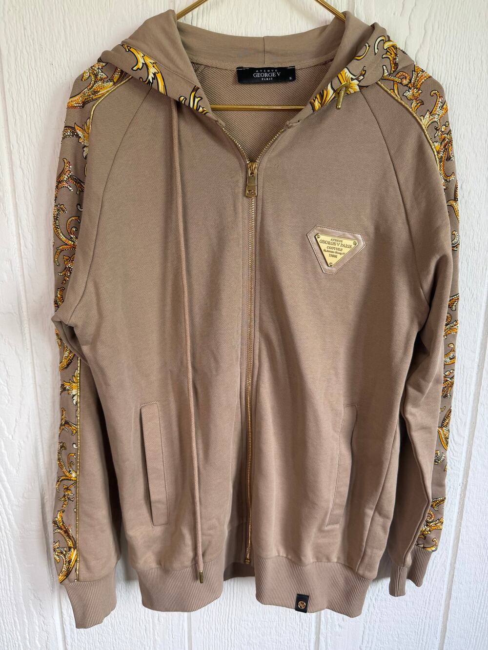 Avenue George V Paris Taupe Baroque Crystal Zip Up Hoodie, Small